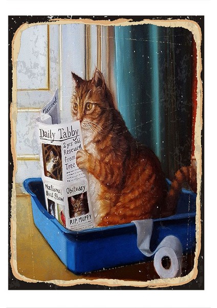 Tuvalette Gazete Okuyan Kedi Modern Ahşap Tablo