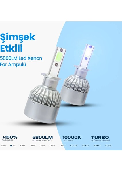 H11  Buz Mavi C6 LED Xenon Far Ampulü Şimşek Etkili 5800LM Chip On Board 10000K