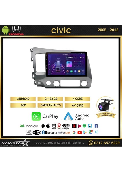 Honda Civic 2005-2012 Model 2gb + 32GB Android 13 Kablosuz Carpl