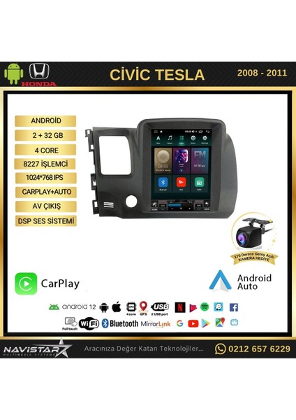 Honda Civic Tesla 2008-2011 Model 2gb + 32GB Kablosuz Carplay Na fiyatları