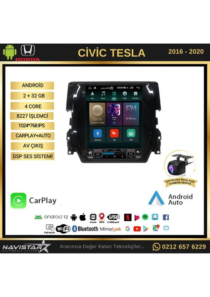 Honda Civic Tesla 2016-2020 Model 2gb + 32GB Kablosuz Carplay Na fiyatları
