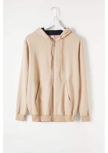 Erkek Çocuk Kapüşonlu Fermuarlı Bej Okul Hırkası 16196