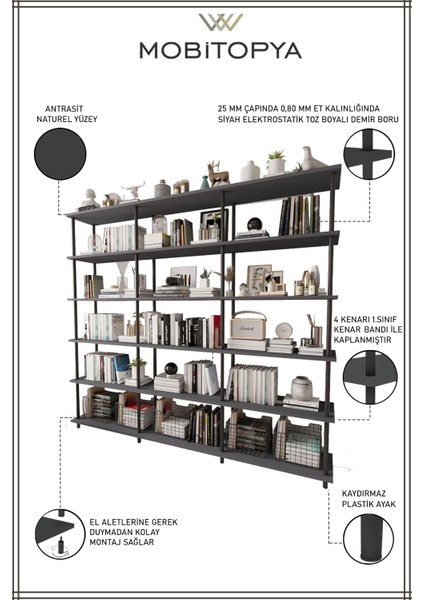 Çevir Kur 200 cm Antrasit Kitaplık