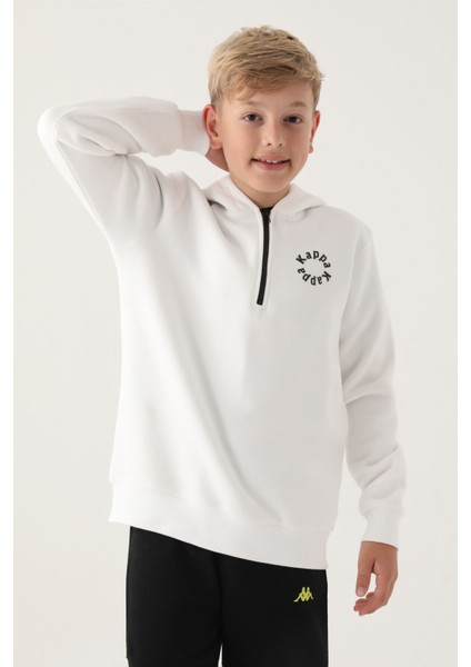 Krem Yaka Fermuarlı Kapüşonlu Erkek Çocuk Sweatshirt