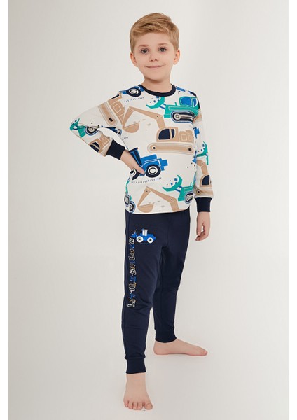Tractor Beyaz Erkek Çocuk Uzun Kol Pijama Takım
