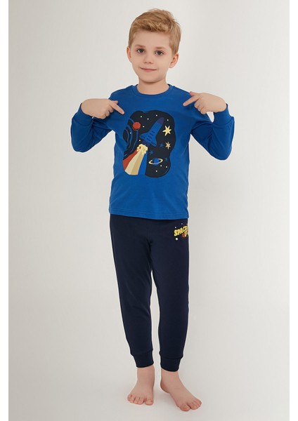 Spaced Out Mavi Erkek Çocuk Uzun Kol Pijama Takım