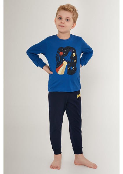 Spaced Out Mavi Erkek Çocuk Uzun Kol Pijama Takım