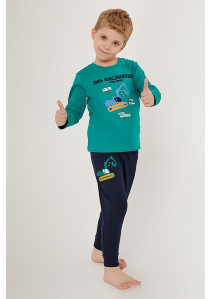 Big Excavator Koyu Yeşil Erkek Çocuk Uzun Kol Pijama Takım