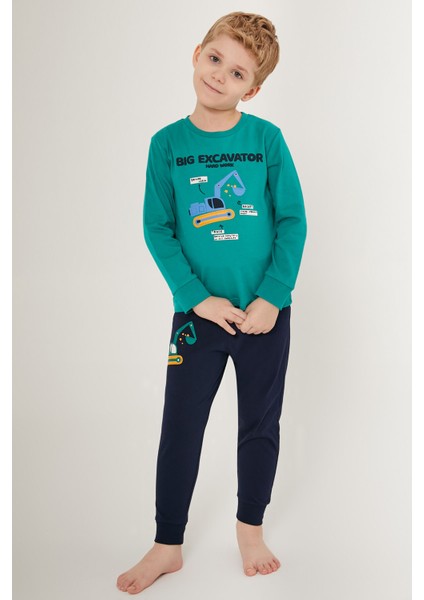 Big Excavator Koyu Yeşil Erkek Çocuk Uzun Kol Pijama Takım modelleri