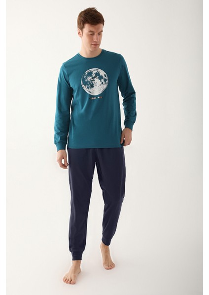 Moons Mavi Erkek Uzun Kol Pijama Takım