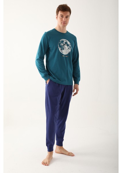 Moons Mavi Erkek Uzun Kol Pijama Takım