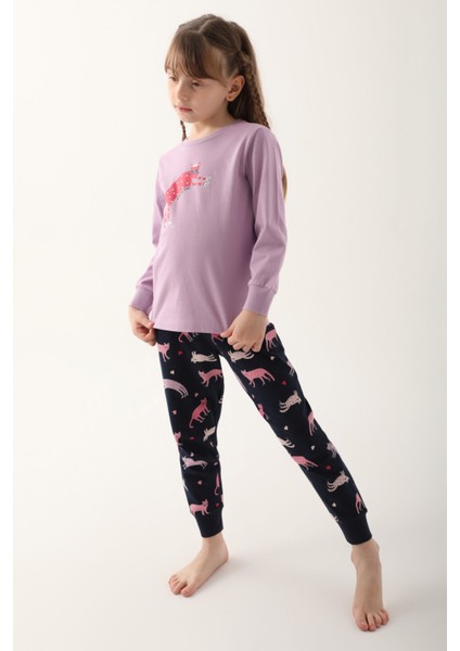 Party Cat Lila Kız Çocuk Uzun Kol Pijama Takım fiyatları