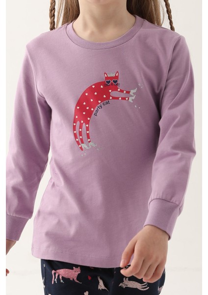 Party Cat Lila Kız Çocuk Uzun Kol Pijama Takım modelleri