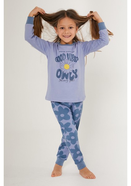 Good Vibes Only Lila Kız Çocuk Uzun Kol Pijama Takım modelleri