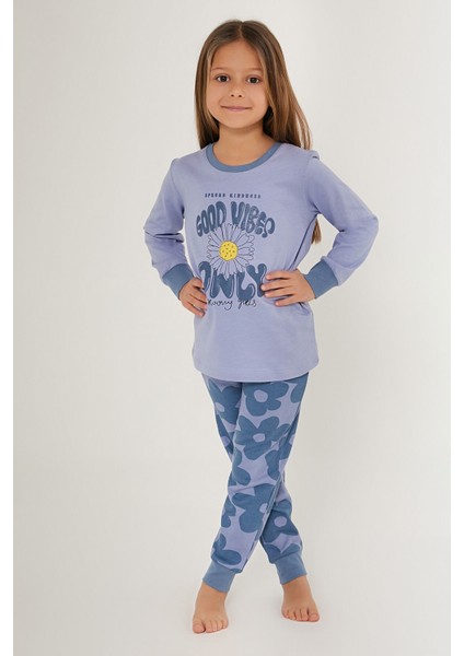 Good Vibes Only Lila Kız Çocuk Uzun Kol Pijama Takım