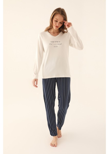 Krem Kadın Uzun Kol Pijama Takım
