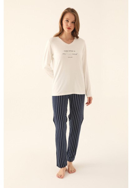 Krem Kadın Uzun Kol Pijama Takım