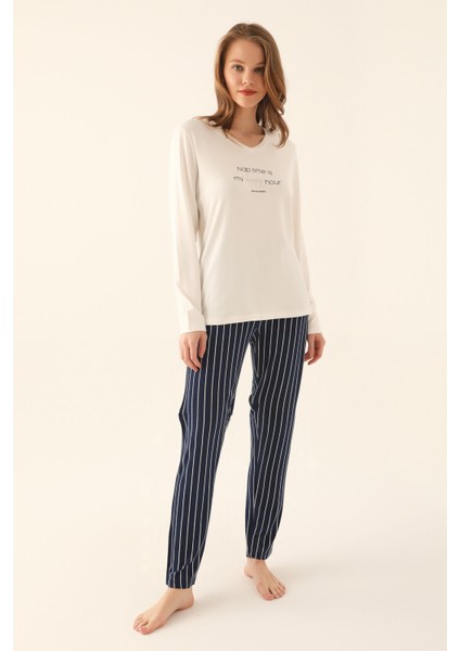 Krem Kadın Uzun Kol Pijama Takım