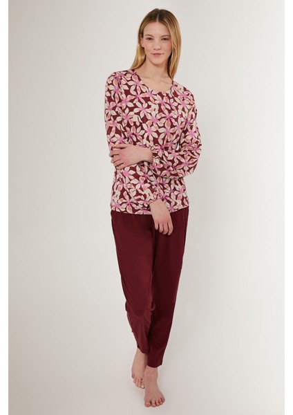 Flowering Kahverengi Kadın Uzun Kol Pijama Takım modelleri