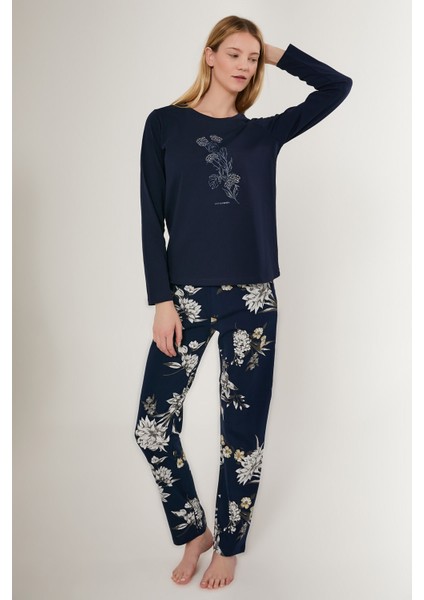 Rose Pattern Lacivert Kadın Uzun Kol Pijama Takım