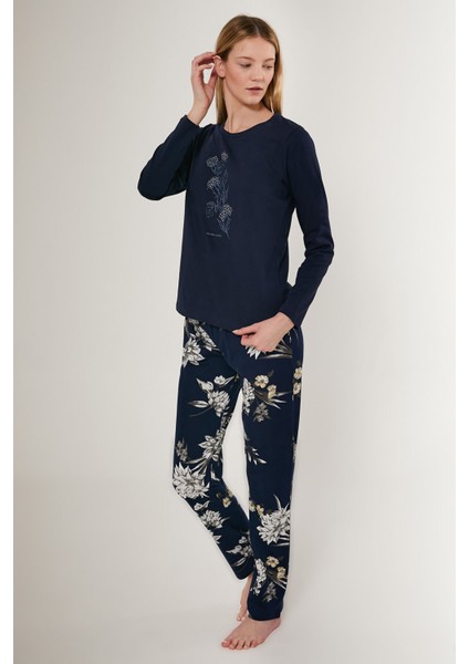 Rose Pattern Lacivert Kadın Uzun Kol Pijama Takım