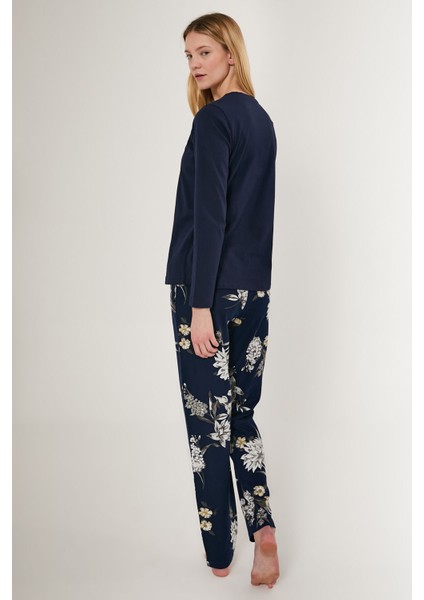 Rose Pattern Lacivert Kadın Uzun Kol Pijama Takım