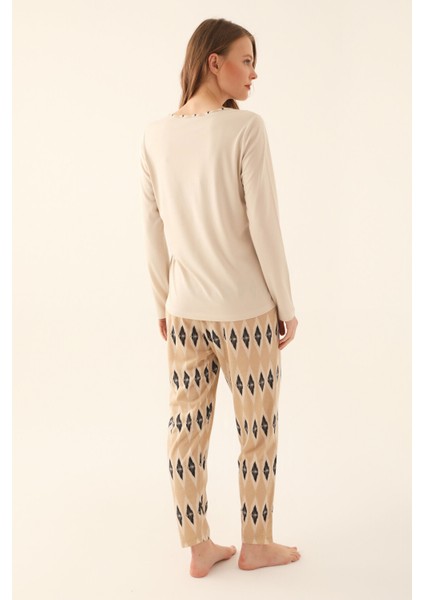 Bej Kadın Uzun Kol Pijama Takım