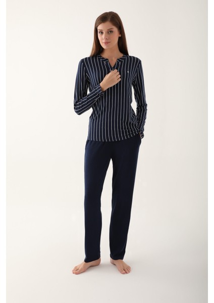 White Lines Lacivert Kadın Uzun Kol Pijama Takım modelleri