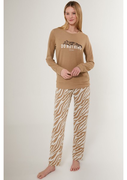 Do Nothink Kahverengi Kadın Uzun Kol Pijama Takım