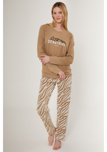 Do Nothink Kahverengi Kadın Uzun Kol Pijama Takım