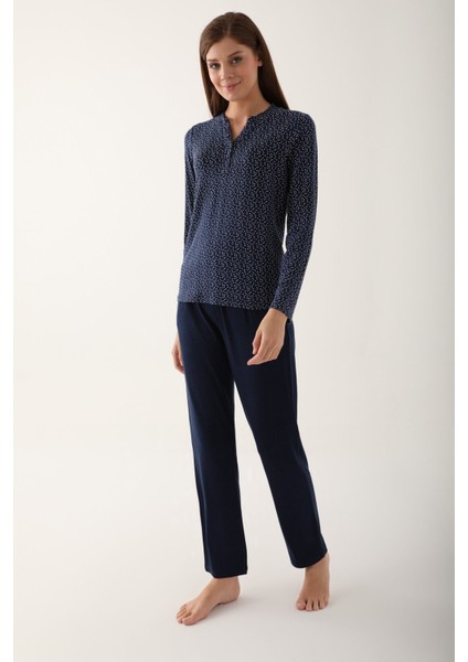 Dotted Lacivert Kadın Uzun Kol Pijama Takım fiyatları