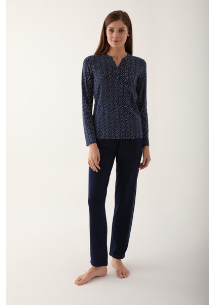 Dotted Lacivert Kadın Uzun Kol Pijama Takım modelleri