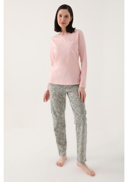 Flower Embroided Pembe Kadın Uzun Kol Pijama Takım