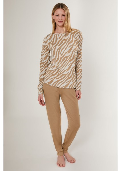 Inclined Kahverengi Kadın Uzun Kol Pijama Takım modelleri