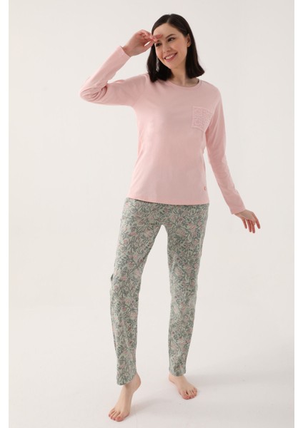 Flower Embroided Pembe Kadın Uzun Kol Pijama Takım modelleri