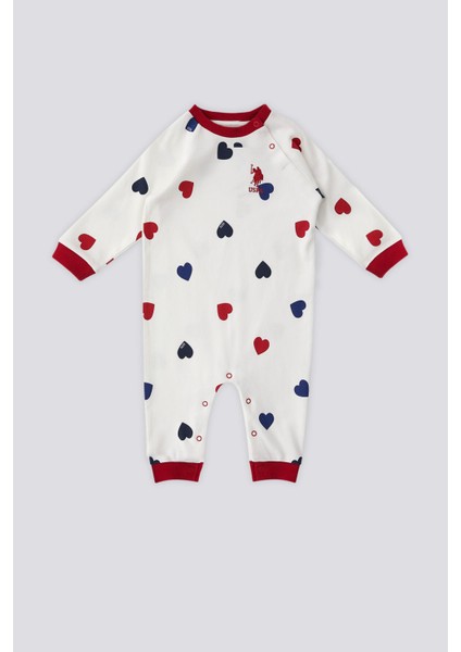 Ekru Kalp Desen Çıtçıt Yaka Bebek Tulum