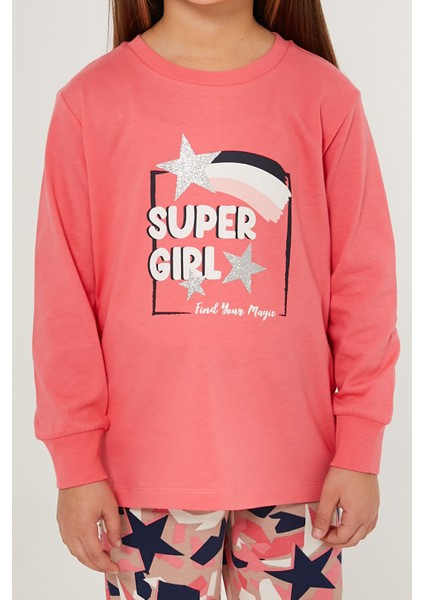 Super Girl Find Your Magic Pembe Kız Çocuk Uzun Kol Pijama Takım