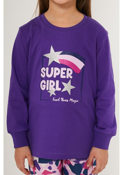 Super Girl Mor Kız Çocuk Uzun Kol Pijama Takım