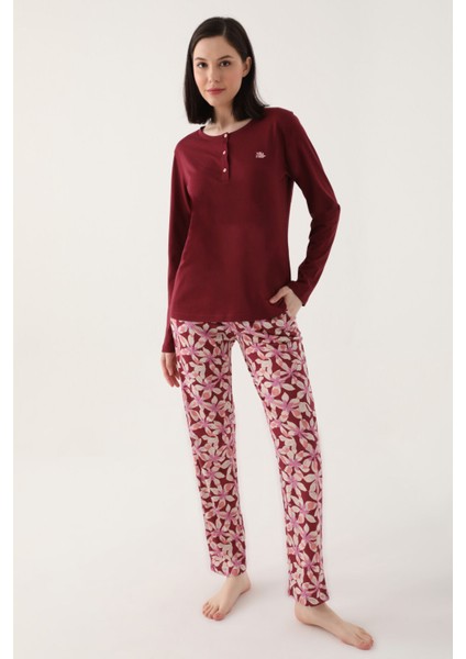 Buttoned Bordo Kadın Uzun Kol Pijama Takım