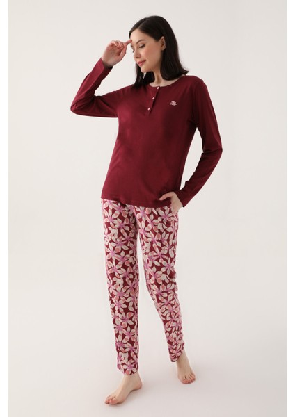 Buttoned Bordo Kadın Uzun Kol Pijama Takım fiyatları