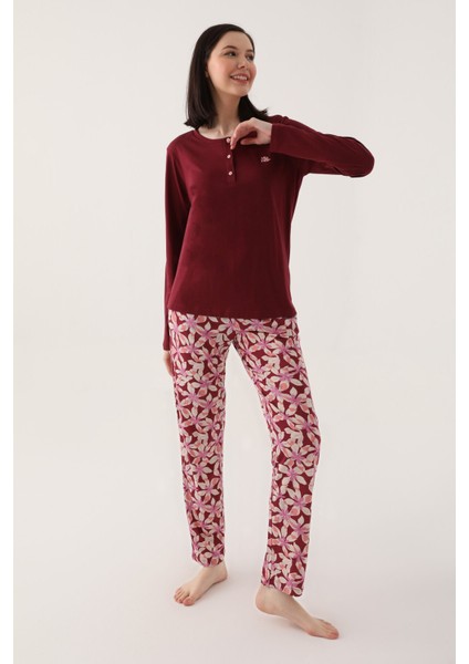 Buttoned Bordo Kadın Uzun Kol Pijama Takım modelleri