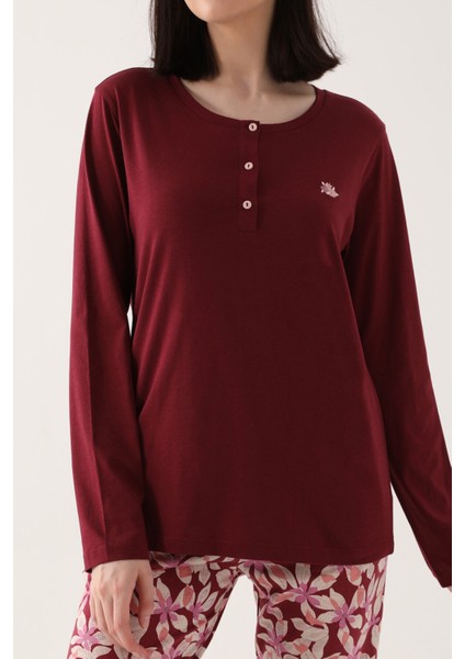 Buttoned Bordo Kadın Uzun Kol Pijama Takım fırsatları