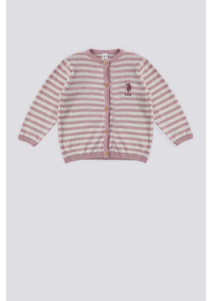 Pembe Çizgili Düğmeli Bebek Hırka