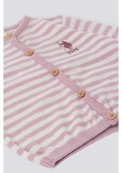 Pembe Çizgili Düğmeli Bebek Hırka