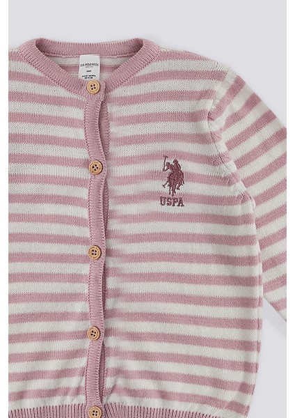 Pembe Çizgili Düğmeli Bebek Hırka