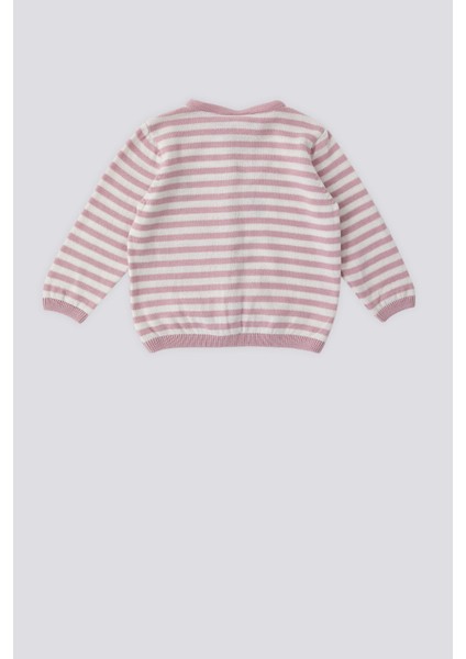 Pembe Çizgili Düğmeli Bebek Hırka