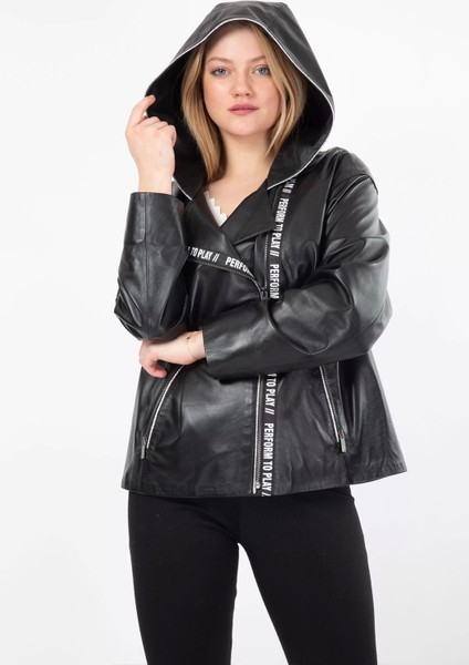 Kapüşonlu Deri Mont Kadın Siyah Kapüşonlu Deri Yağmurluk Oversized - 104522 fiyatları