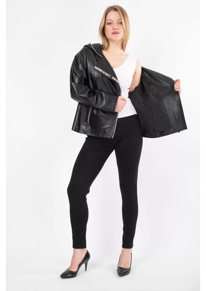 Kapüşonlu Deri Mont Kadın Siyah Kapüşonlu Deri Yağmurluk Oversized - 104522 fırsatları