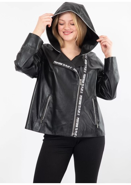 Kapüşonlu Deri Mont Kadın Siyah Kapüşonlu Deri Yağmurluk Oversized - 104522 indirimleri