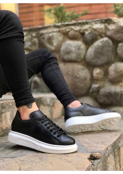 BA0547 Boa Kalın Yüksek Taban Siyah Beyaz Bağcıklı Spor Erkek Ayakkabı
